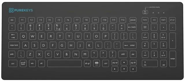 PUREKEYS Medical Keyboard Compact Wireless Black for Hospital, Dentist, Cleanroom, Laboratory and Industrial. Easy to Disinfect Hygienic Flat and  product image